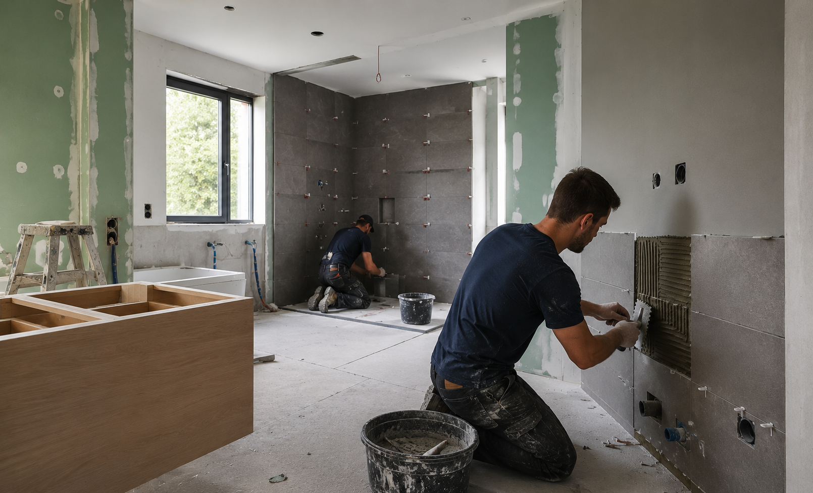 Twee personen plaatsen tegels in een badkamer tijdens een renovatie