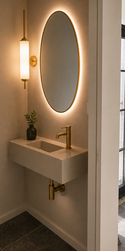 Na-beeld: compacte lavabo en ovale spiegel met warme indirecte verlichting