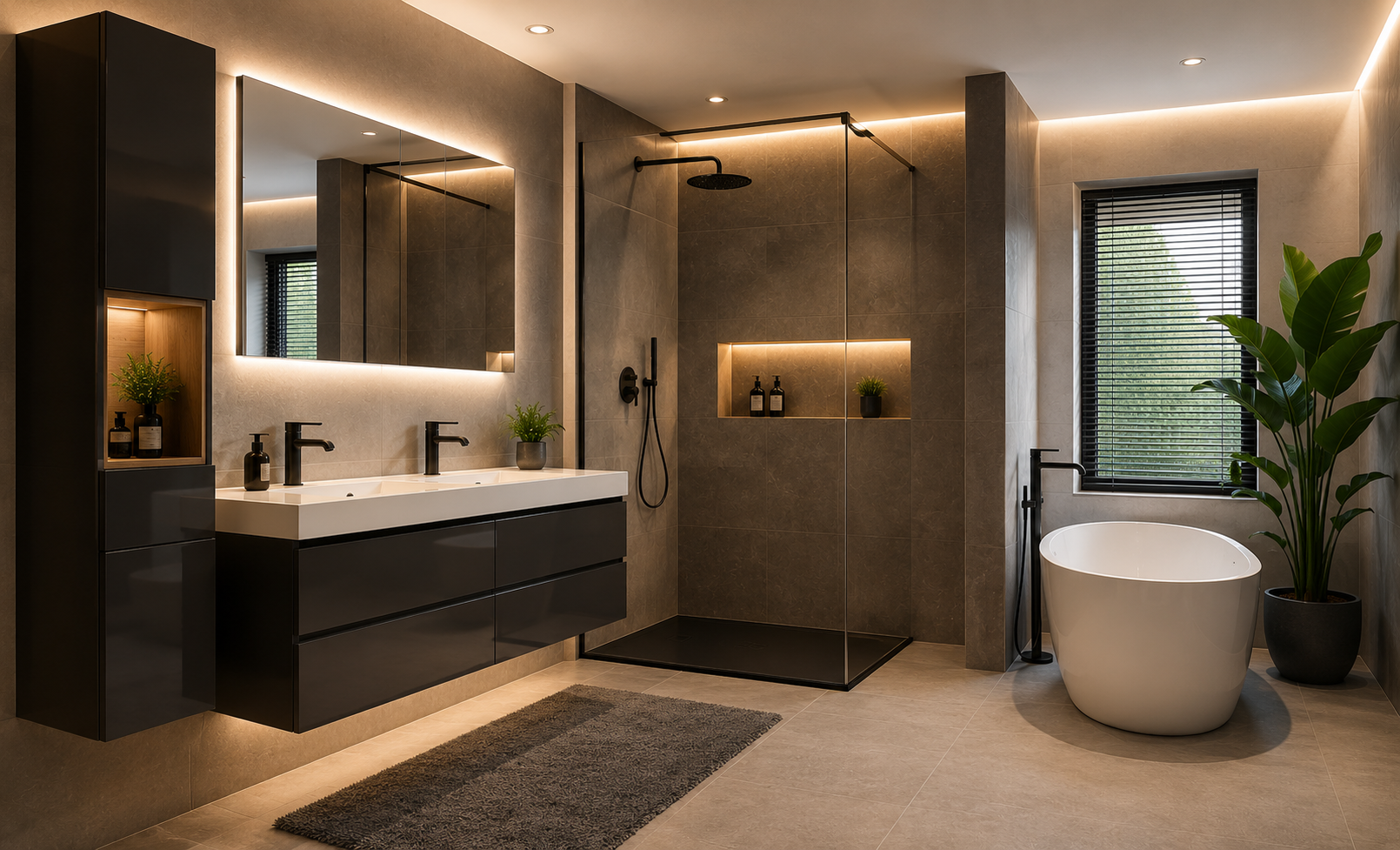 Luxe moderne badkamer met inloopdouche, lavabo meubel, LED-spiegelkast en warme verlichting